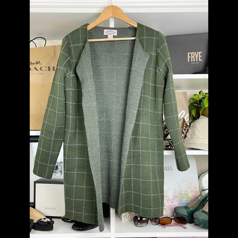 Anthropologie Olive Green Open-Front Windowpane Cardigan